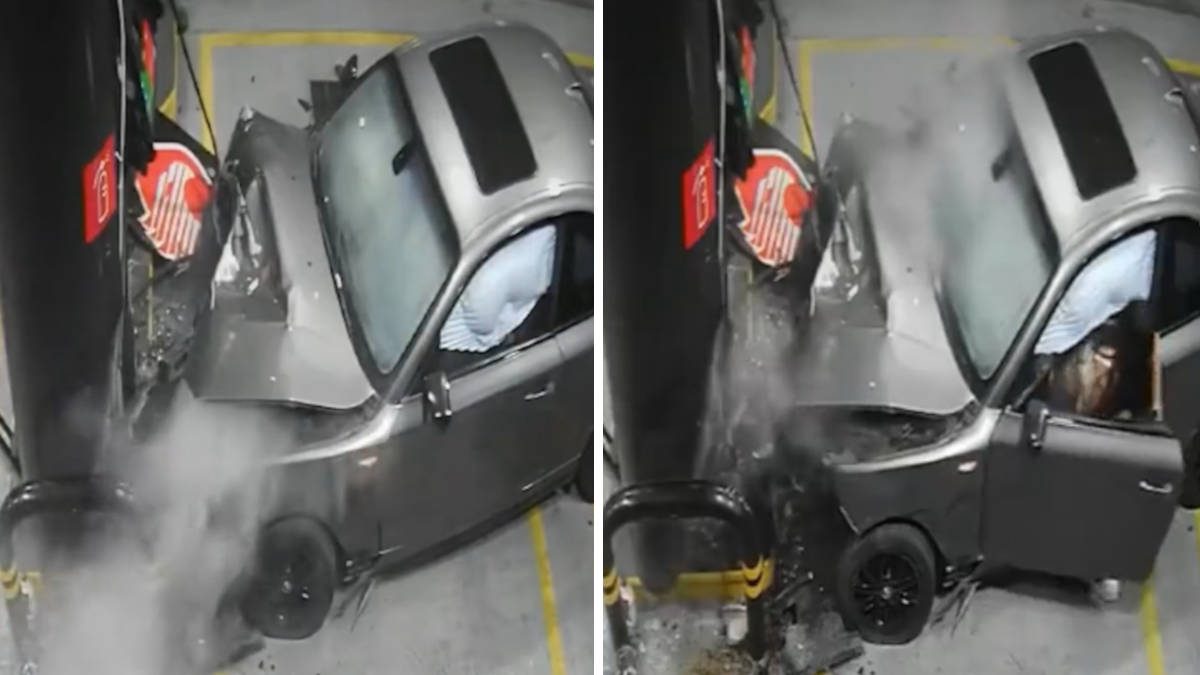 Mujer estrella su BMW contra una gasolinera en Puebla y sale ilesa: video