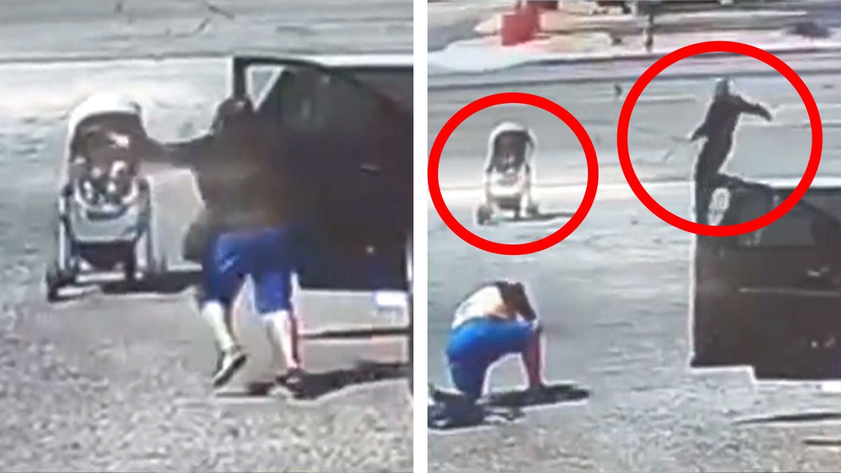 Escalofriante video: casi atropellan a bebé que iba en una carriola fuera de control