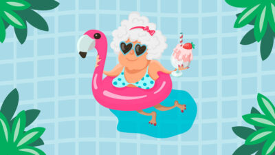 Inapam balnearios: Ilustración de mujer adulta mayor en una alberca con un flotador en forma de flamenco