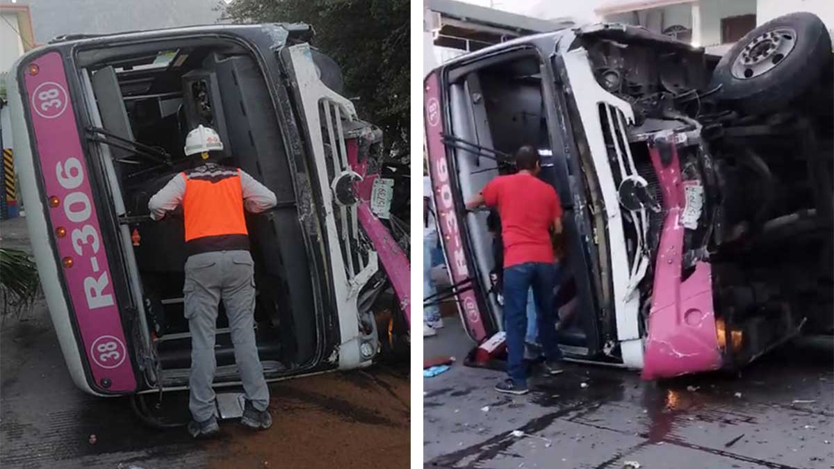 Camión con pasajeros se queda sin frenos, choca y vuelca en Santa Catarina, Nuevo León; hay 40 heridos