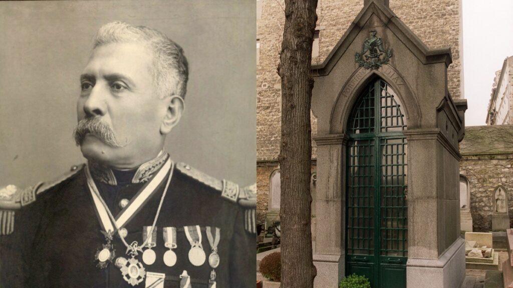 Efemérides: Composición con el perfil de Porfirio Díaz y su tumba en el cementerio de Montparnasse