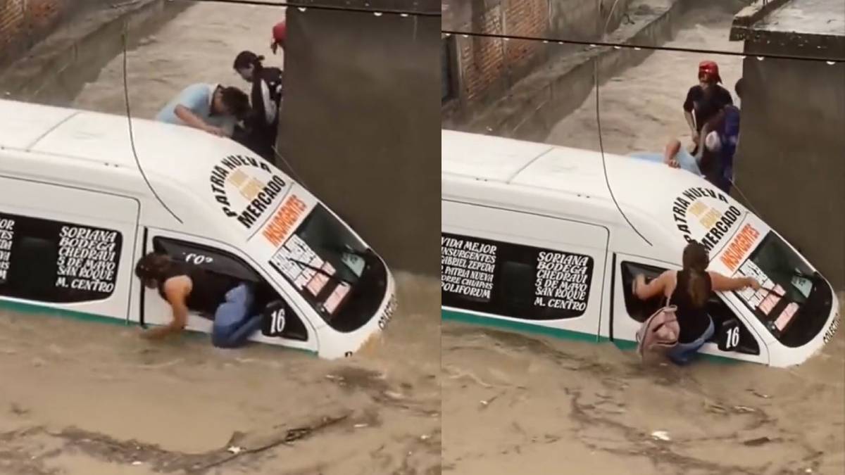 Captan a pasajeros de combi atrapados en inundación en Chiapas; mujer sale por la ventana: video