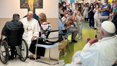 El Papa Francisco durante su visita al área de oncología pediátrica y encuentros con otros pacientes en el hospital donde permanece internado