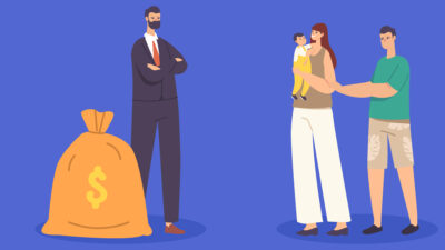 Pensión retroactiva: Ilustración de madre con hijos y hombre con bolsa de dinero