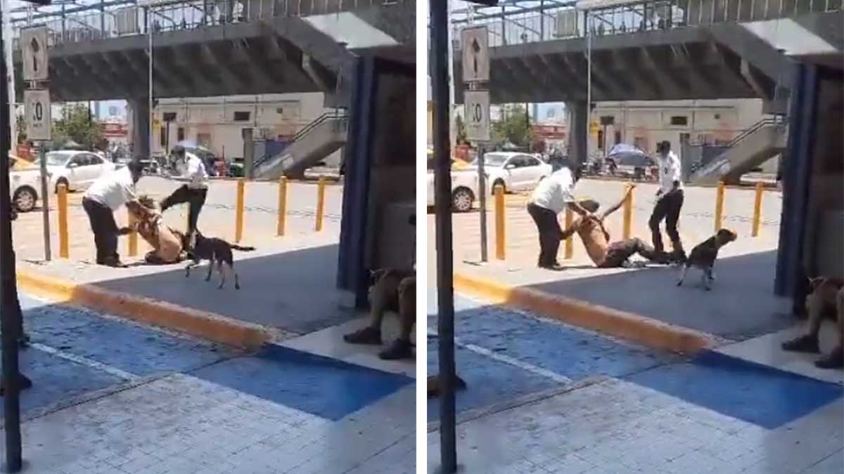 ¡Indigna video! Guardias de seguridad golpean brutalmente a indigente por refugiarse del calor