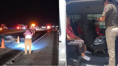 Nuevo Léon migrantes: Composición con foto del accidente en Galeana y personal del INM atendiendo a los extranjeros