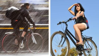 Composición de mujeres ciclistas bajo la lluvia y el calor
