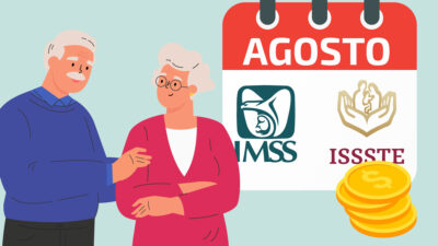 Pensión agosto: Ilustración de pareja de adultos mayores con un calendario a su lado con los logos del IMSS e ISSSTE