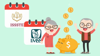 Pensión IMSS ISSSTE: Ilustración de pareja de adultos mayores festejando a los lados de una alcancía con dinero y dos calendarios del IMSS e ISSSTE