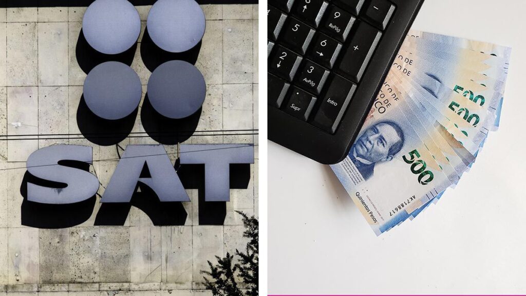 Devolución impuestos: Composición con el logo del SAT en su fachada y un teclado de computadora con varios billetes