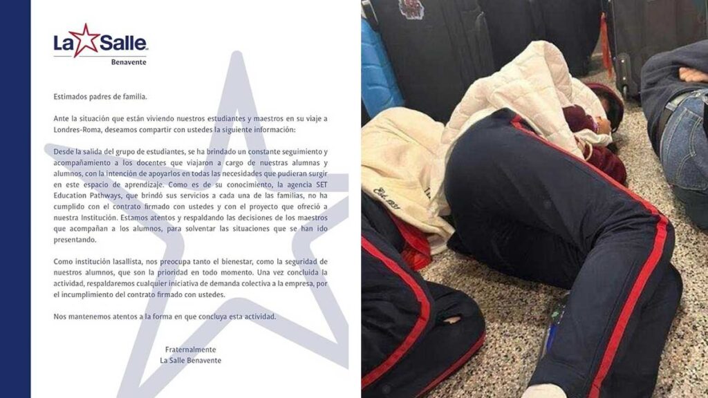 Composición del comunicado de La Salle Puebla y fotografía de los estudiantes durmiendo en el piso del aeropuerto de Londres