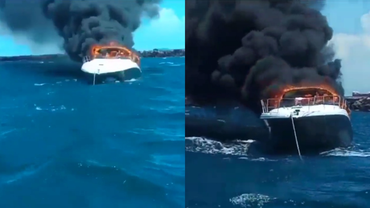 Yate se incendia en el puerto de Progreso, Yucatán; tripulación se salvó lanzándose al mar