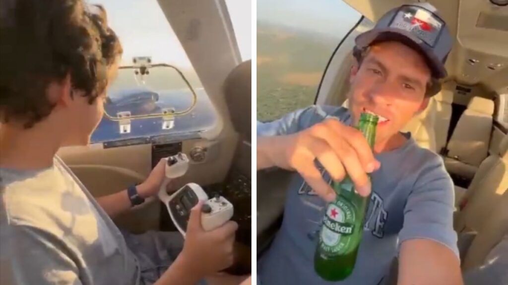 Hijo vuela avión mientras papá bebe cerveza