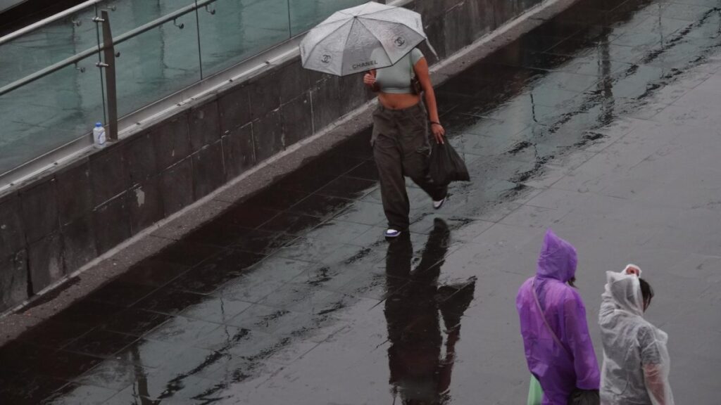 Gente con impermeable y paraguas caminando bajo la lluvia