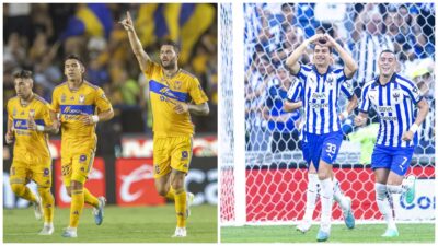 Jugadores de Tigres y Monterrey festejan goles