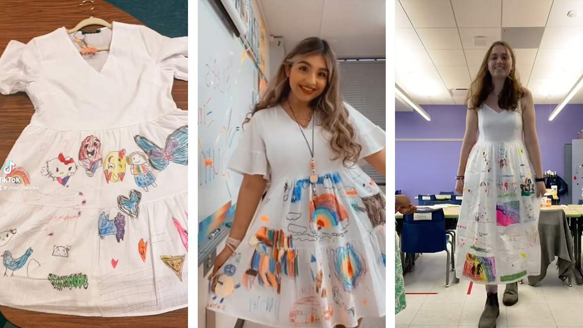 Maestras decoran sus vestidos con dibujos de sus alumnos