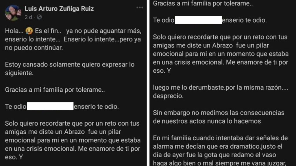 Mensaje de Luis Arturo Zúñiga Ruiz en redes. Foto: Captura de pantalla.
