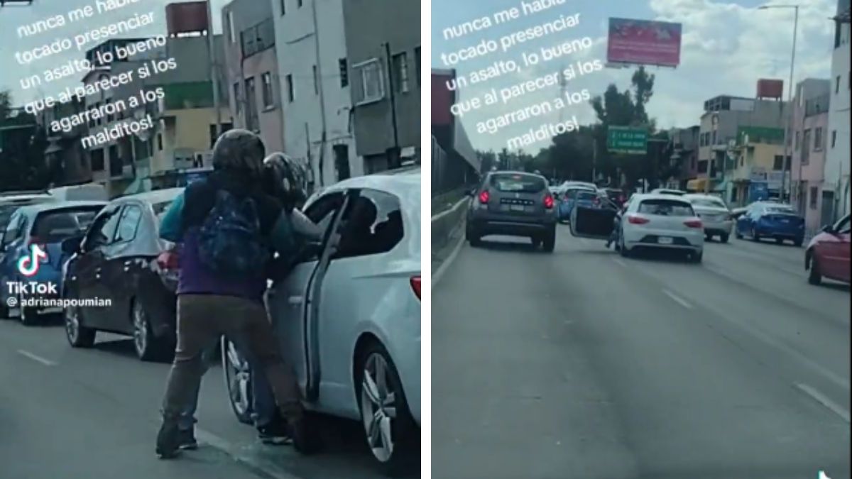 Aprovechan el tráfico: captan violento asalto a automovilista en Circuito Interior; ambulancia cierra el paso a ladrones