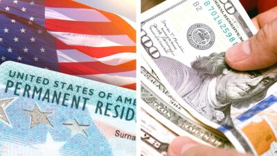 Dólar visa: composición con la visa de EU y unas manos sostendiendo billetes de dólares