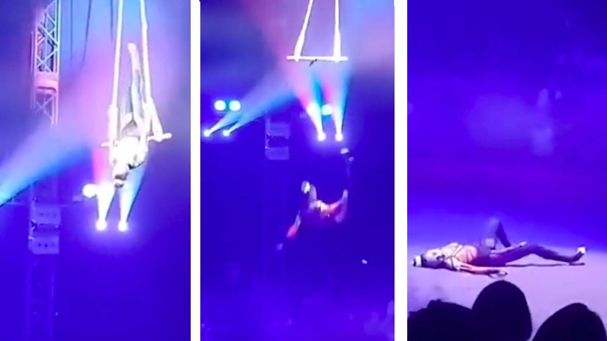 seorang seniman trapeze Rusia yang jatuh dari ketinggian beberapa meter;  Videonya menjadi viral