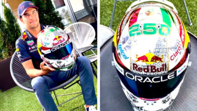 Checo Pérez presume casco dedicado a México por sus 250 GPs en la Fórmula 1. Lo usará en el GP de Singapur 2023