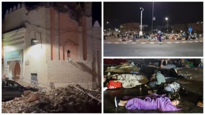 Daños en edificaciones y gente durmiendo en la calle tras el sismo en Marruecos.