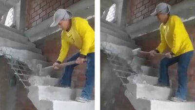 Albañil tira escalera que estaba construyendo