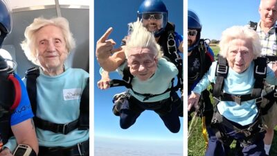 Mujer de 104 años se avienta en paracaídas: video