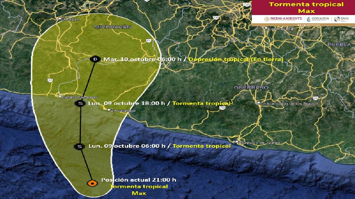 Tormenta Tropical Max, su paso afectará Guerrero, Oaxaca, Michoacán y Colima