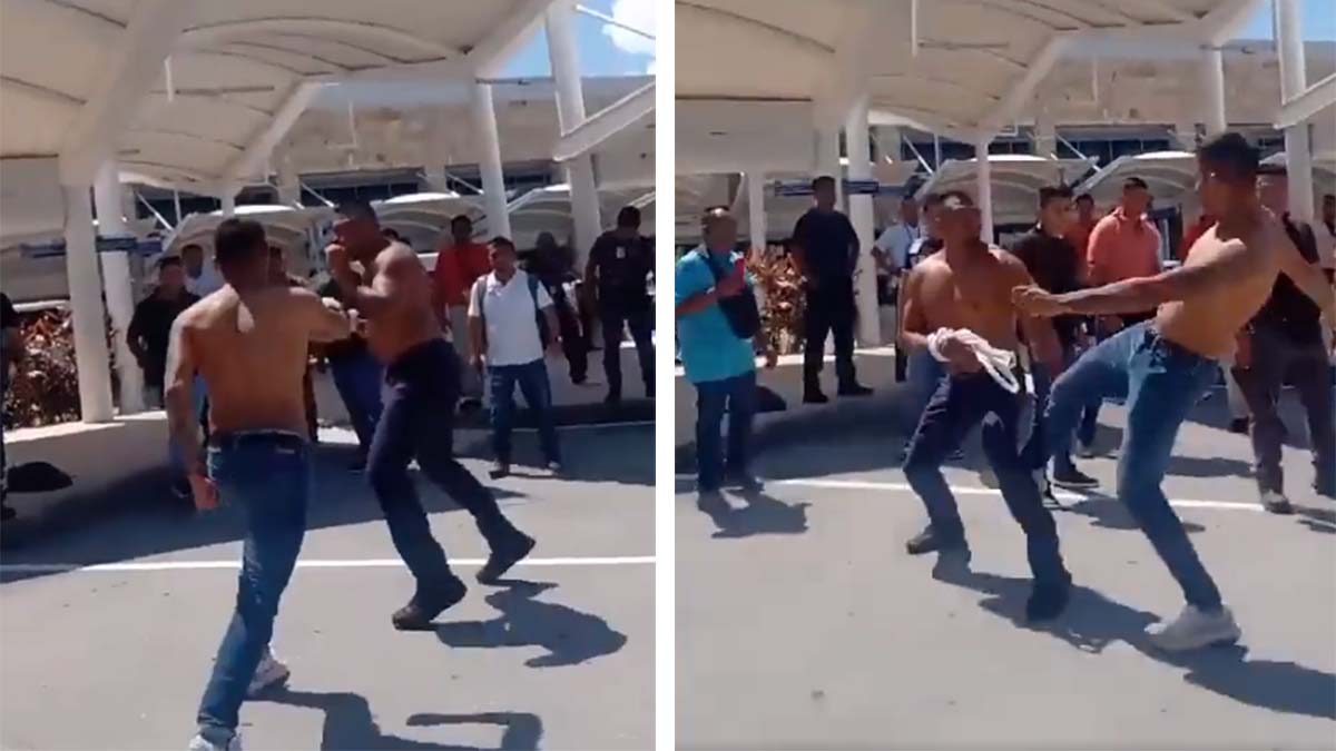 ¡Se quitaron la camisa! Captan pelea entre transportistas afuera del aeropuerto de Cancún