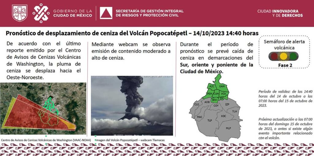 El monitoreo del #Popocatépetl muestra emisiones con contenido moderado a alto de ceniza volcánica. 

El pronóstico de la dirección del viento indica que podría presentarse caída de ceniza en las demarcaciones del sur, oriente y poniente.