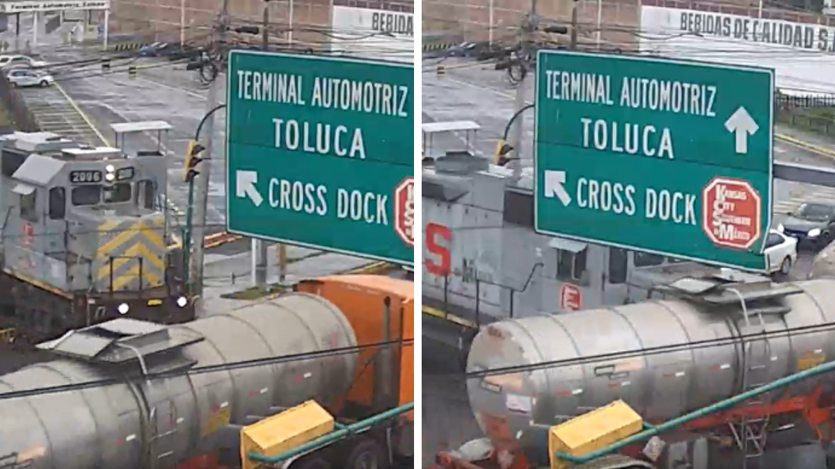 Video: Chofer de pipa con combustible intenta ganarle el paso a tren y lo embisten en Toluca