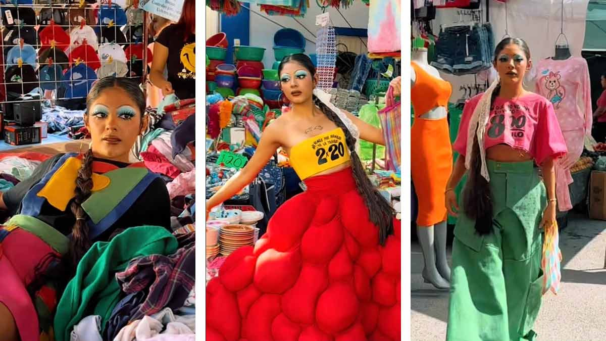 Diseñadora crea vestidos basados en el tianguis, un kilo de tomate, letrerito de los precios y hasta la paca
