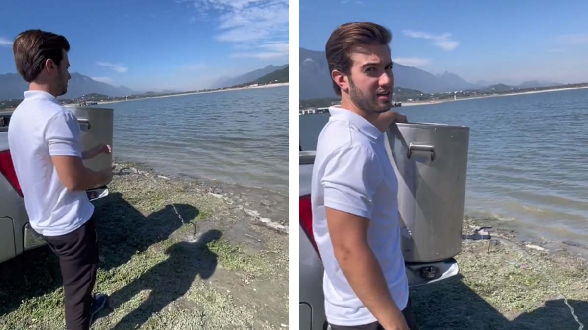 ¿Buena idea? Critican a sujeto por vaciar un tambo de agua en una presa para solucionar la sequía en Nuevo León
