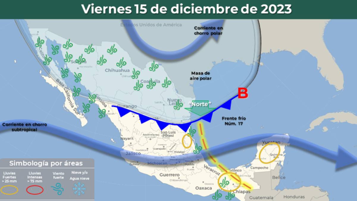 Clima México Frente frío 17 entra 5 días de lluvias y bajas