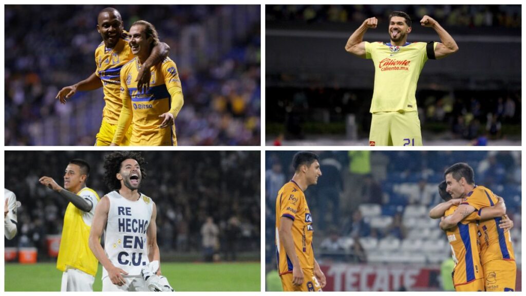 Jugadores de Tigres, América, Pumas y San Luis festejando su pase a semifinales