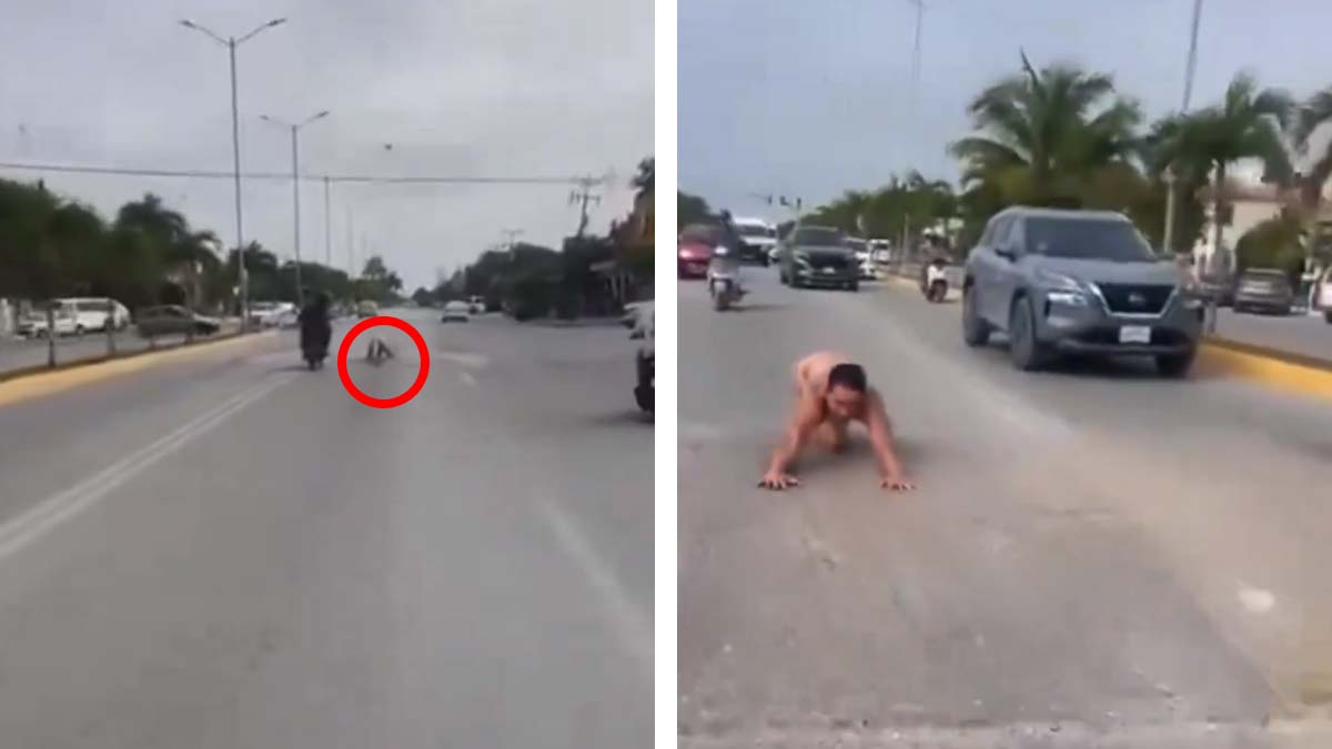 ¡Ah, caray! Captan a un hombre desnudo gateando a mitad de una calle en Tulum