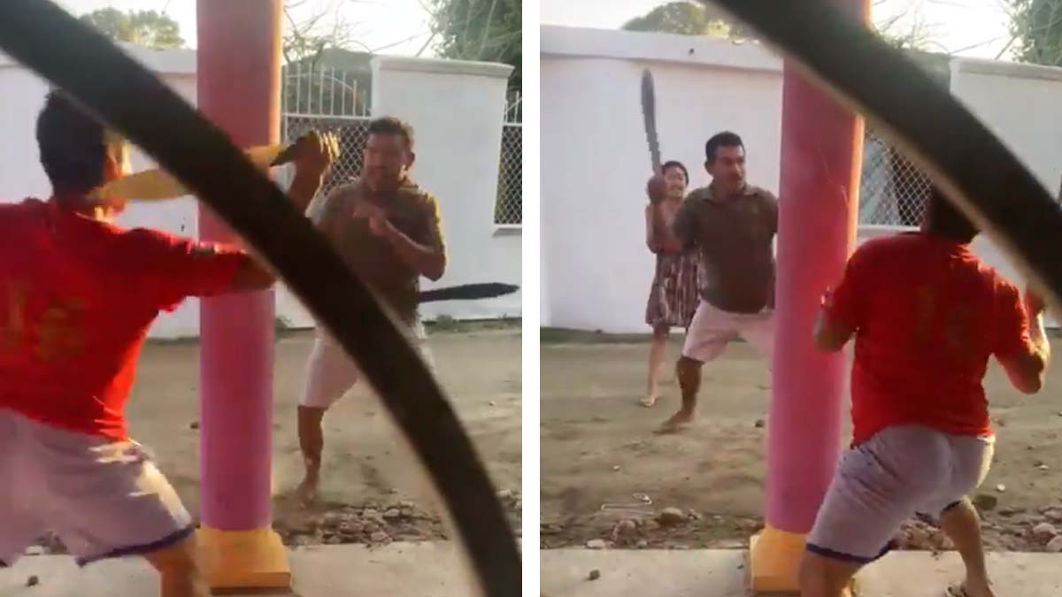 ¡Papá, no! Graban pelea a machetazos entre dos hombres en Tabasco