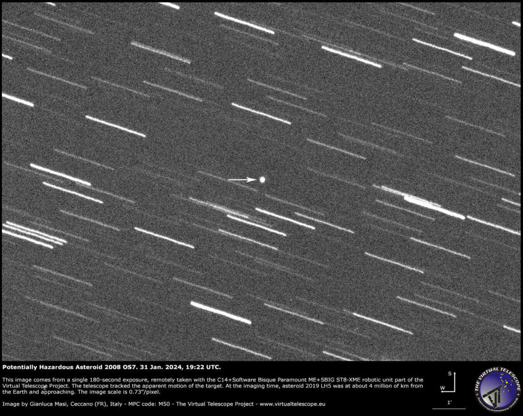 En el momento de la toma de esta imagen, el asteroide 2008 OS7 se encontraba a unos 4 millones de kilómetros de la Tierra