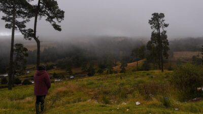 Mujer observa la neblina en una montaña de México