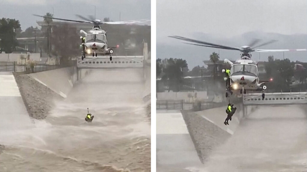 Hombre se lanza a un canal inundado en los Ángeles para rescatar a su perro