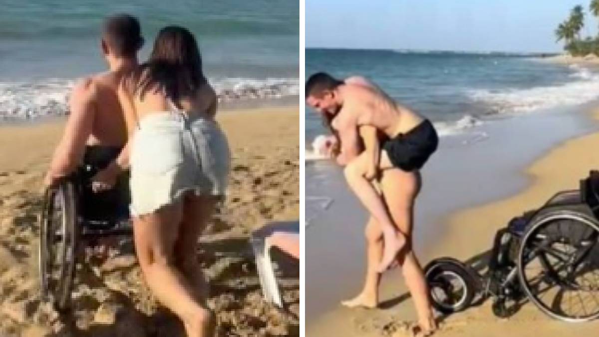 ¡Vivan los novios! Joven en silla de ruedas conoce por primera vez el mar con ayuda de su pareja