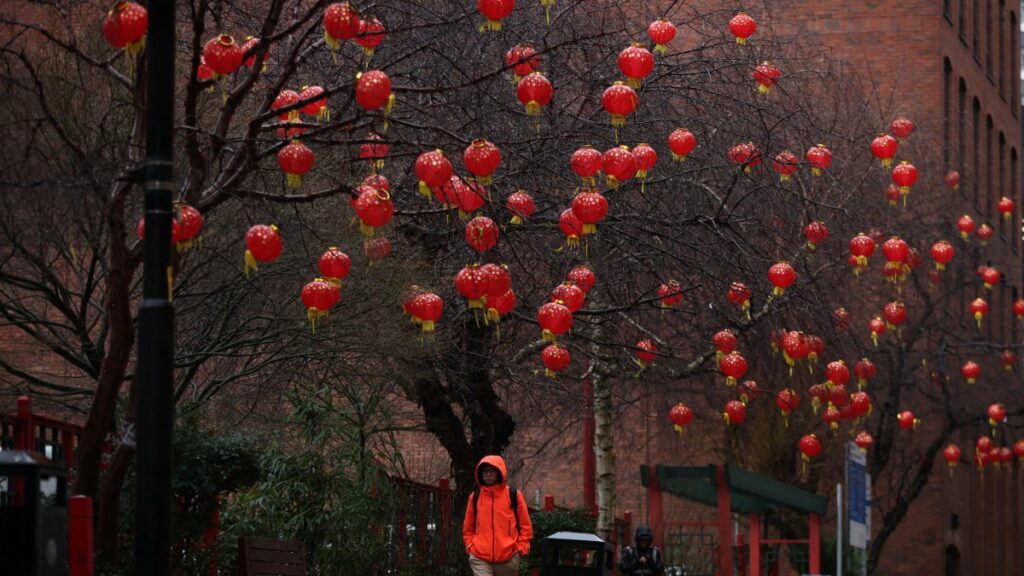 Esferas rojas sobre árboles y joven caminando por la calle