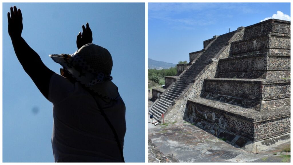 Turista sube a pirámide en Teotihuacán y molesta a los visitantes.