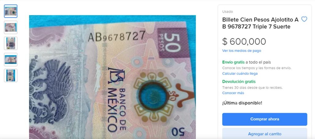 Billete de 50 pesos se vende por 600 mil pesos en Mercado Libre
