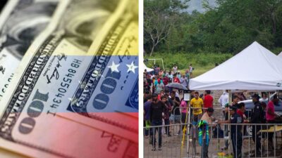 Apoyos a repatriados: Composición de bandera de Venezuela sobre dólares con fotografía de migrantes en la frontera