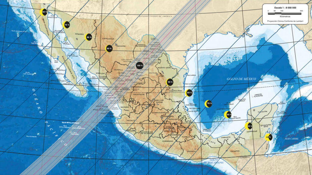 hora del eclipse total de sol por estado y ciudad en México, mapa del inegi