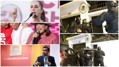 Candidatos presidenciales de México, Claudia Sheinbaum, Xóchitl Gálvez y Jorge Álvarez Máynez e imágenes de irrupción en embajada de México en Ecuador