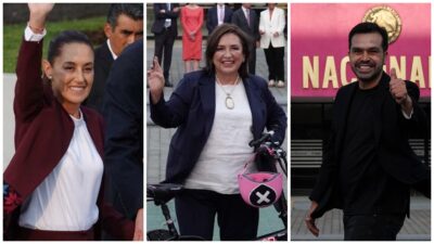 Claudia Sheinbaum, Xóchitl Gálvez y Jorge Álvarez Máynez afuera del INE