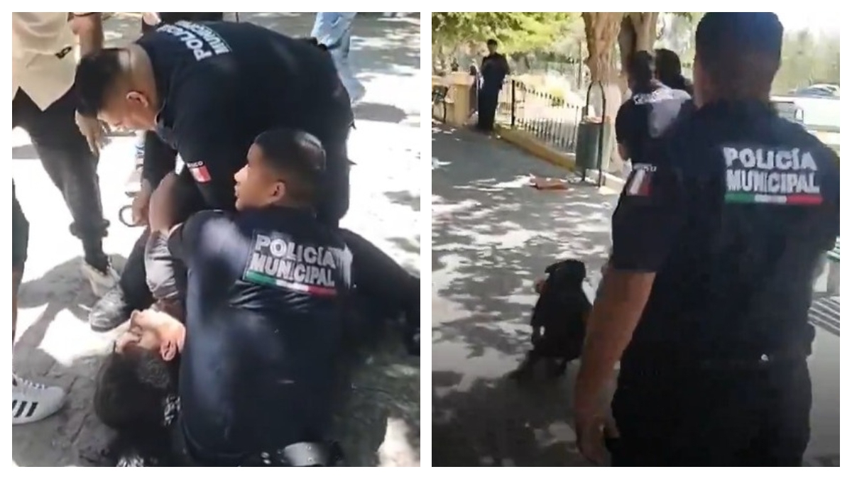 ¡Eso no se hace! Policías de Torreón someten a hombre porque su perro se metió a una fuente